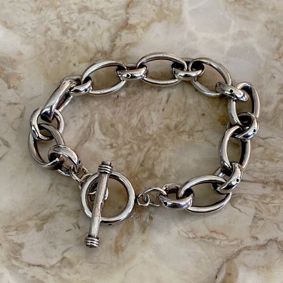 925 Sterling Silver Chunky Oval Links Toggle Bracelet 9” - Picture 1 of 9